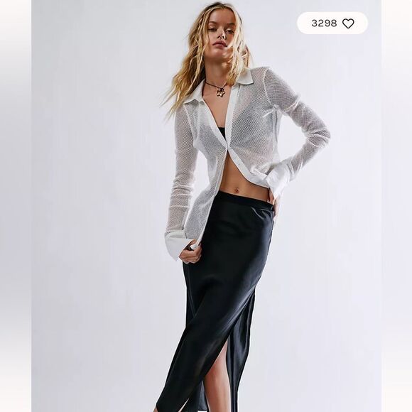 Free People White Siggi Open Knit Button Down Shirt Top Small - Picture 8 of 8